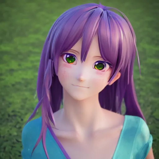 Prompt: Render of a very beautiful 3d anime girl, long hair, hazel eyes, cute freckles, purple hair, full round face, short smile, cute sundress, serene beach setting, medium shot, mid-shot, highly detailed, trending on Artstation, Unreal Engine 4k