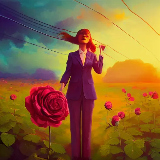 Prompt: closeup, big rose flower over head, frontal, girl in a suit, surreal photography, sunrise, dramatic light, impressionist painting, digital painting, artstation, simon stalenhag