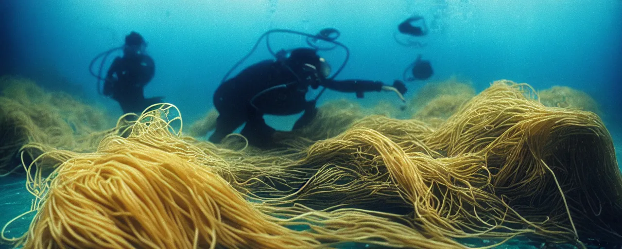 Prompt: spaghetti growing underwater like seaweed, canon 5 0 mm, in the style jacques cousteau, kodachrome