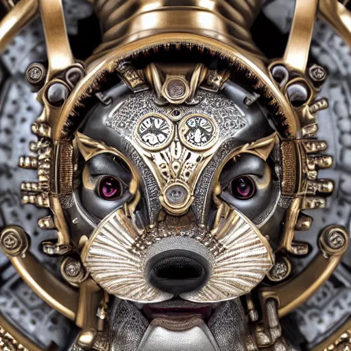 Image similar to A close up symmetric steampunk fox head with sparkling eyes made from ornate engraved full plate armor and Rolex gears and jewels and gems, macro shot by Justin Gerard, unreal engine, detailed, intricate, physically based rendering