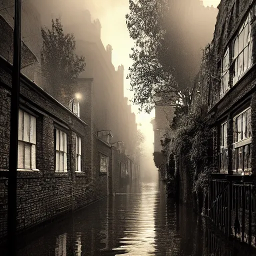 Prompt: flooded overgrown victorian london alley, highly detailed, eldritch, ominous, dawn, chilly dark mood, modern very sharp photo