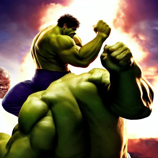 Image similar to hulk fighting juggernaut cain marko in an epic action scene, jumping, fists, explosive, marvel cinematic universe, photo realistic, super high resolution, shocking lights