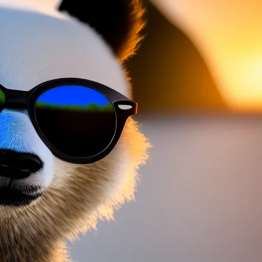 Prompt: a closeup photorealistic photograph of a stylish panda themed Pomeranian puppy wearing cat-eye sunglasses at the beach during sunset. Surf in the background. This 4K HD image is Trending on Artstation, featured on Behance, well-rendered, extra crisp, features intricate detail and the style of Unreal Engine.