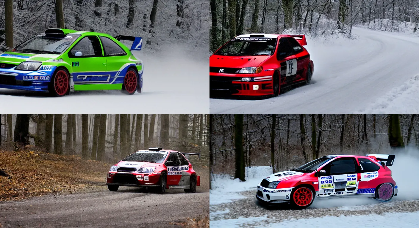 Prompt: a 2 0 0 4 mugen civic type - r, racing through a rally stage in a snowy forest