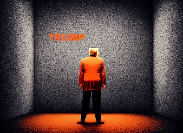 Image similar to Trump in prison, striped outfit ,handcuffed, Mads Berg, Karolis Strautniekas,stippled light, dramatic lighting,fine texutre, editorial illustration,matte print, film noir, dark blue+dark orange+orange+beige+black+white,dynamic composition,moody