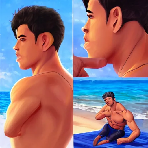 Image similar to A Buff Young Latino Male Lifeguard at the Beach, short black hair, brown eyes, slight smile, art by Artgerm, artstation