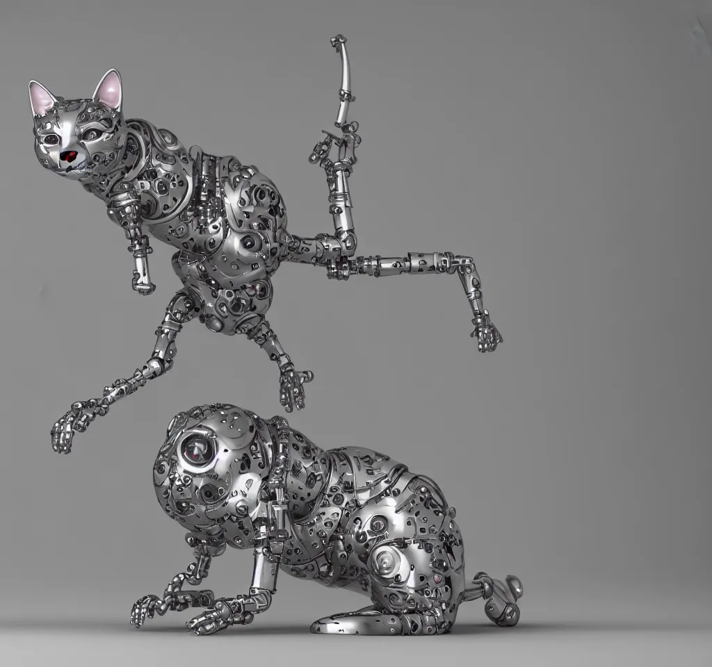 Prompt: a modern cybernetic cat made from porcelain and steel, insane reflexions, pastel colored, daylight, peaceful, 8 k, ambient occlusion, octane render