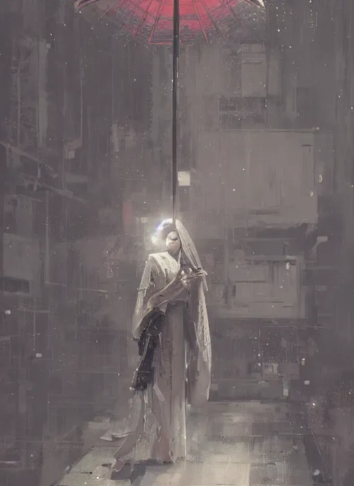 Image similar to geisha robot, rule of thirds, intricate outfit, spotlight, by greg rutkowski, by jeremy mann, digital painting