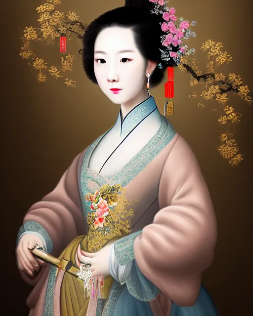 Image similar to photo portrait of beautiful chinese woman dressed in rococo style clothing, elegant, digital painting, clean, smooth, sharp focus