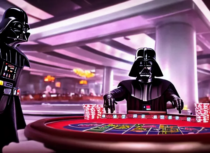 Image similar to film still of Darth Vader gambling in Vegas in the new Star Wars movie, 4k