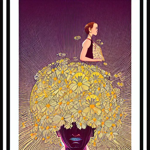 Image similar to closeup, huge daisy flower as a head, woman standing in modern apartment, surreal, dramatic light, by victo ngai by james jean, by rossdraws, frank franzzeta, mcbess