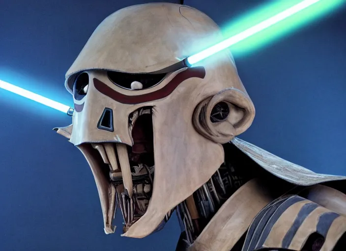 Prompt: portrait photo of general grievous with 4 drawn lightsabers