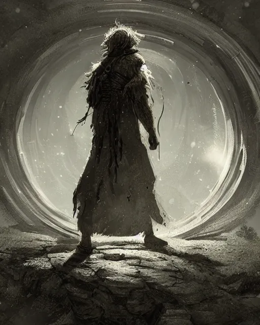 Prompt: a druid standing in a circle at the beginning of the world by cedric peyravernay