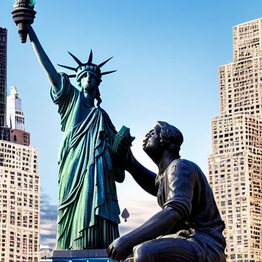 Image similar to liberty statue sitdown pose, new York background, very convincing