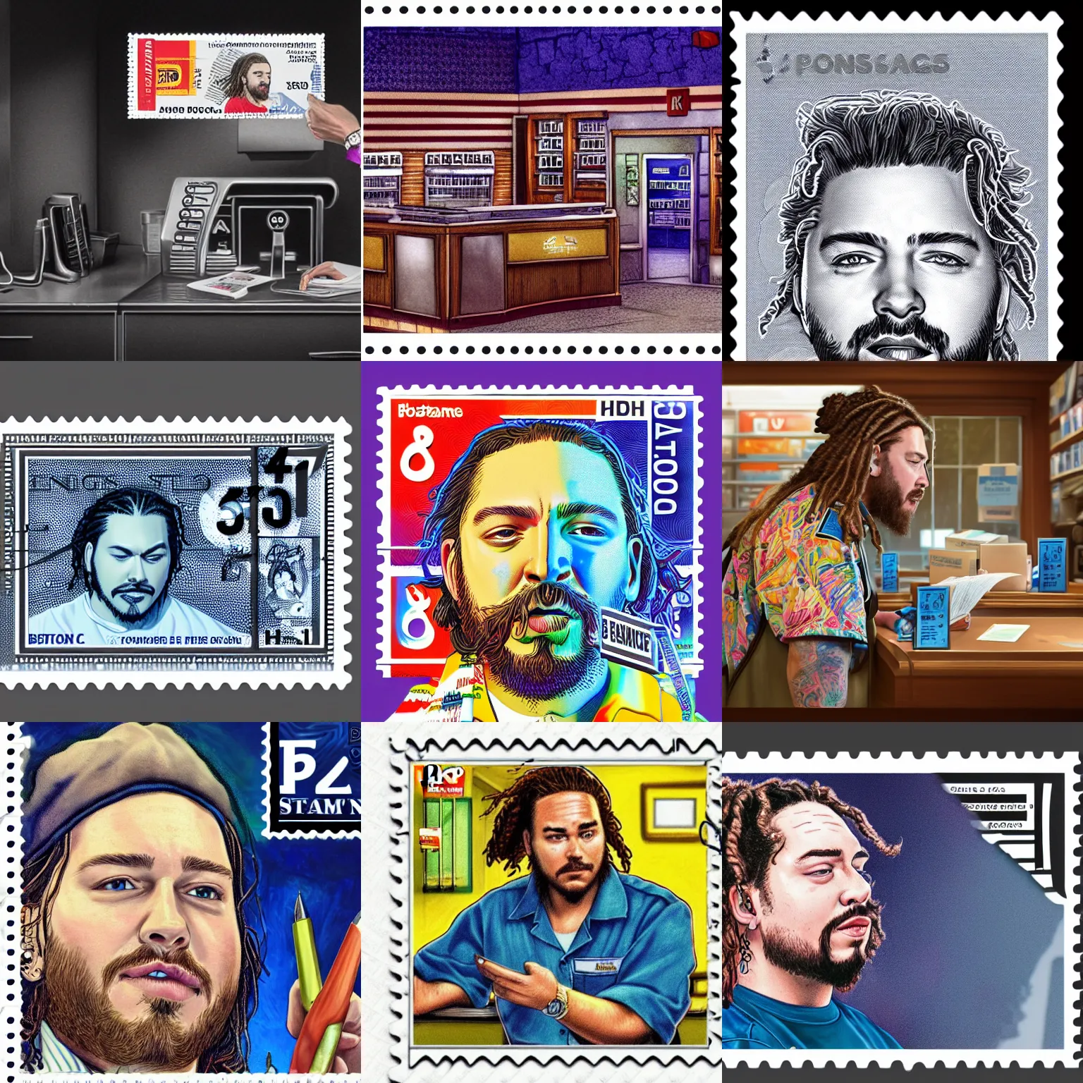 Prompt: a closeup photorealistic illustration of post malone working behind the counter as a postal clerk. stamps. bright scene. fine detail. this 4 k hd image is trending on artstation, featured on behance, well - rendered, extra crisp, features intricate detail, epic composition and the style of unreal engine.