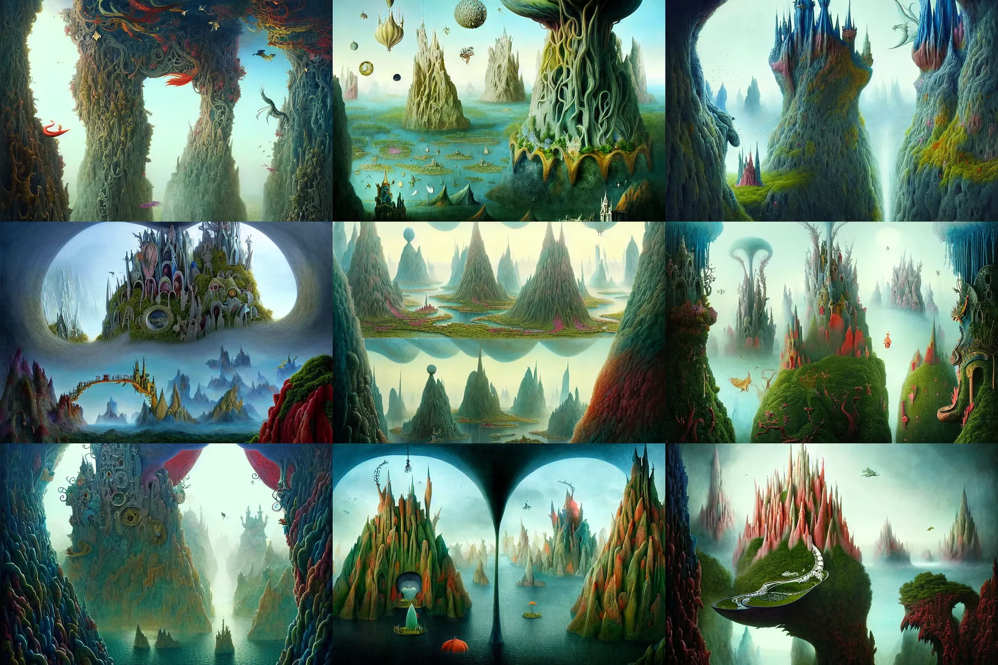 Prompt: a beguiling epic stunning beautiful and insanely detailed matte painting of windows into dream worlds with surreal architecture designed by Heironymous Bosch, dream world populated with mythical whimsical creatures, mega structures inspired by Heironymous Bosch's Garden of Earthly Delights, vast surreal landscape and horizon by Conrad Roset, masterpiece!!!, grand!, imaginative!!!, whimsical!!, epic scale, intricate details, sense of awe, elite, wonder, insanely complex, masterful composition!!!, sharp focus, fantasy realism, dramatic lighting