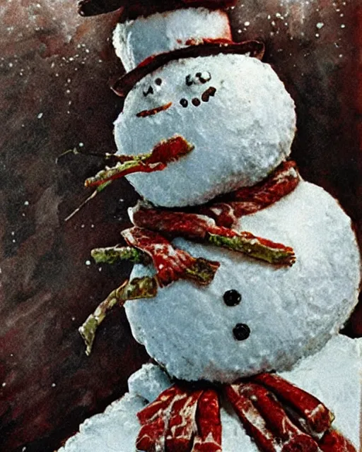 Image similar to snowman made of meat, horror art by bernie wrightson, artstation, still from horror movie, full body