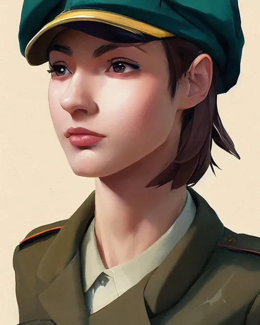 Prompt: potrait bust of young woman with shoulder length light brown hair and hazel eyes dressed in a sharp dark teal military uniform and beret, symmetry, anime, ilya kuvshinov, greg rutkowski, guweiz, ross tran, loish, svetlana tigai, artgerm, artstation trending, concept art, digital painting