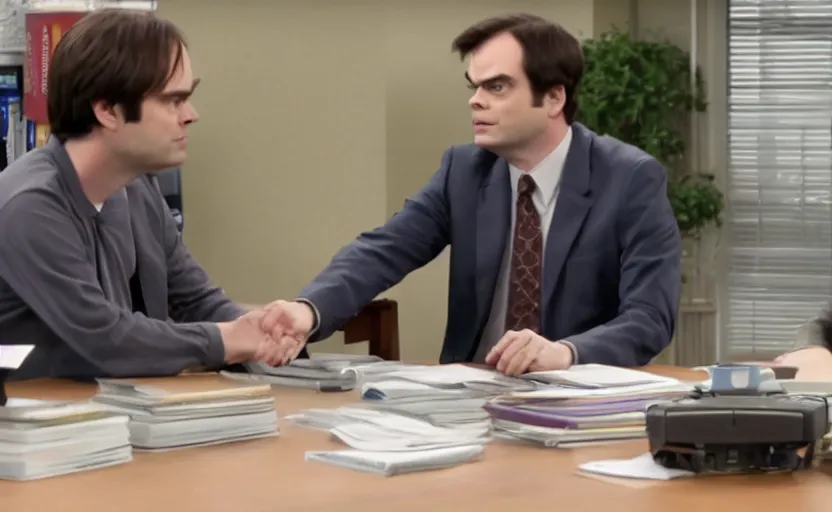 Image similar to screencap from the office, dwight schrute meeting bill hader barry in dunder mifflin, hd screencap