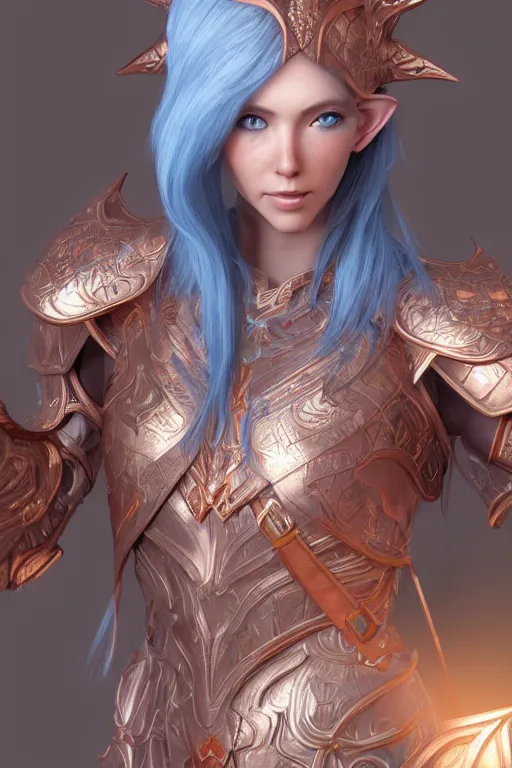 Prompt: a beautiful and highly detailed digital illustration of a female elven paladin with blue hair in rose gold armor, a digital painting by lu ji, cgsociety, photorealism, daz 3 d, sketchfab, zbrush