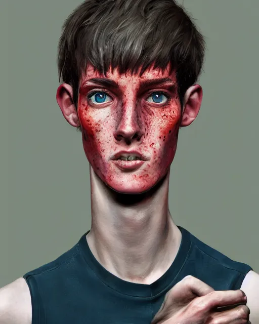 Image similar to a striking hyper real portrait painting of tall, thin, 1 5 - year - old boy with a long nose, a lot of freckles, fiery red hair, and bright blue eyes, 4 k, 8 k, apex legends concept art, d & d concept art, unreal 5, daz, hyperrealistic, octane render, cosplay, rpg portrait, dynamic lighting