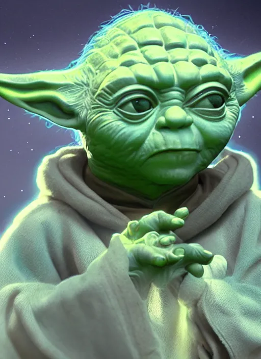 Prompt: yoda with human proportions, 8 k, hyperrealism, intricate, lens flare, bloom