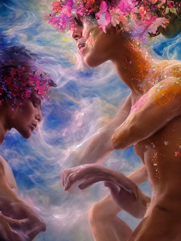 Image similar to dance of 2 humanoids made of infinite flowing sheer petals, covered in splashes and strokes of paint, clouds, smoke and flowers, feminine, muscular, flowing cloth, pastel 8 k, rendered in cinema 4 d, ultra realistic, atmospheric, cinematic, golden ratio. hyperrealism, biblical, baroque, renaissance painting, crystals, rays of light, trending on artstation