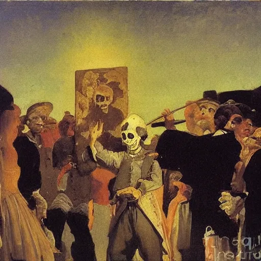 Prompt: spotlight skillful rendition of a man on stage brandishing a skull hamlet play theatre oil painting alexandre benois giotto ilya repin arkhip kuindzhi