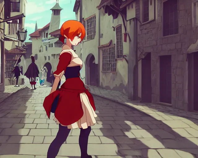 Image similar to anime still frame portrait of a young female walking through a busy medieval village, dynamic pose, dynamic perspective, detailed silhouette, cel shaded anime, ilya kuvshinov face style