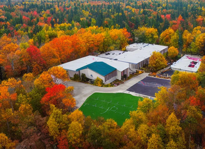 Prompt: low drone shot of a beautiful ranch style School campus in the middle of the Woods during autumn