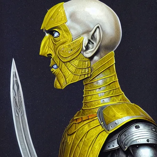 Image similar to ( ( ( head and shoulders portrait of a gaunt noseless yellow - skinned bald githyanki warrior in a breastplate, wielding a magical silver greatsword ) ) ), dave mckean, d & d, fantasy, medieval