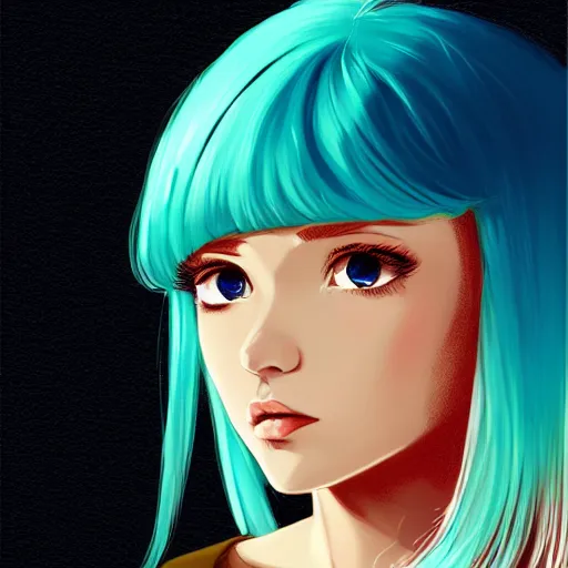 Image similar to ilya kuvshinov with long sky blue hair, gold eyes, amber eyes, boyish face, professional digital painting, black background, wild brush strokes, concept art, award - winning photography, cinematic, wlop, color block, yandere, pop, hip, art by andy warhol, pixiv art, yoshitaka amano