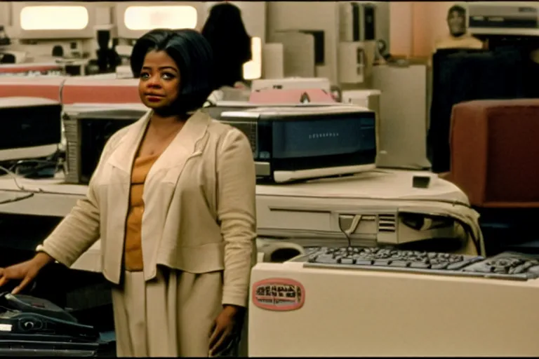 Prompt: cinematic screenshot of octavia spencer in a used electronics store standing in front of an old keyboard, iconic scene from the paranoid sci fi thriller film directed by stanley kubrick, apartment set in the near future, cinematic shot with anamorphic lenses, color theory, apartment design, leading lines, photorealistic, volumetric lighting