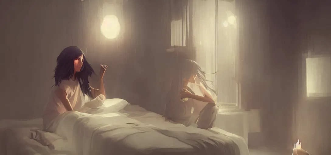 Image similar to Young Himalayan woman concerned in an empty room using psychic powers to make a lighter float| night time scene, plain walls |somber white eyes, long messy hair | gentle lighting, futuristic, dim lighting, digital art by Makoto Shinkai ilya kuvshinov and Wojtek Fus, digital art, concept art,