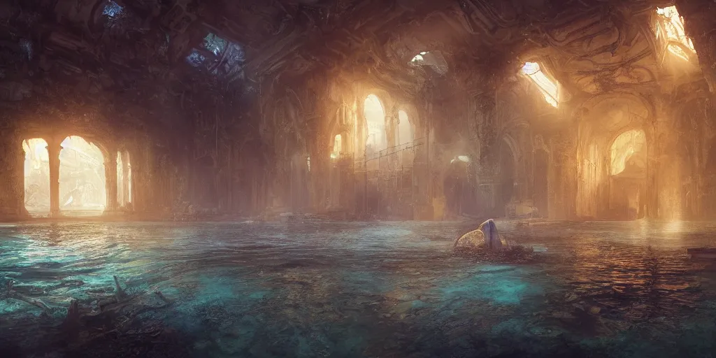 Prompt: inside, Golden City & marbre, temple abandoned, underwater, water, smoke, portal, vortex, travel time, with blue light inside, chaos, by John Howe & Quentin Mabille & Dmitry Zaviyalov & Albert Bierstadt, scifi film color palette, ridley scott film, cinematic lighting, trending on artstation, cgsociety, volumetric lighting