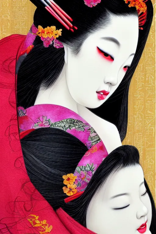 Image similar to sensual and very seductive geisha, digital art, 8k, character, realistic, portrait, photorealism, japan watercolour, masterpiece art