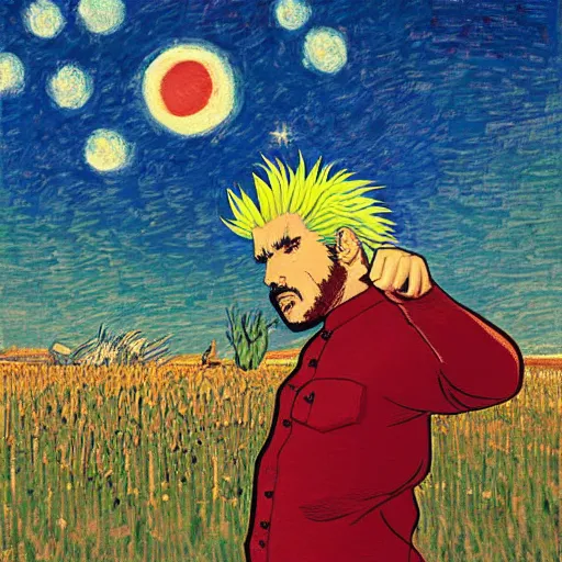 Image similar to sad ominous painting of guy fieri sitting in a field at night, in the style of studio ghibli and moebius and claude monet and vincent van gogh