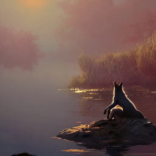 Prompt: A wolf sitting alone in a pond, golden sunlight, evening, beautiful, sad, artstation greg rutkowski