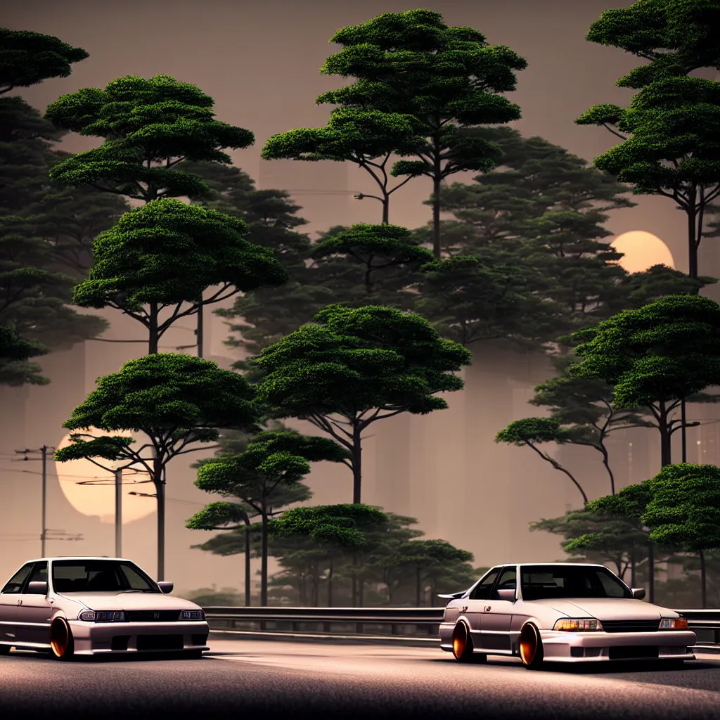 Prompt: car in center JZX100 twin turbo drift on a road, surrounded by trees and buidlings in Tokyo prefecture, rooftops are Japanese architecture, city at sunset heavy mist over streetlights, cinematic lighting, photorealistic, detailed wheels, highly detailed, ASDF render