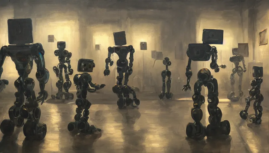 Prompt: robots in an old art gallery, painting landscapes with robots on canvas, dramatic lighting, 4 k