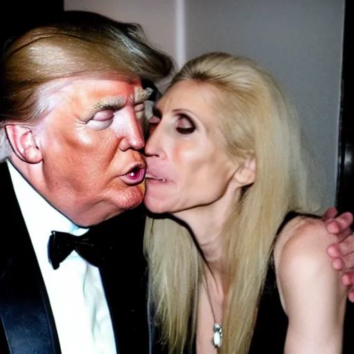 Image similar to donald trump in black tuxedo kissing ann coulter in a nightclub.