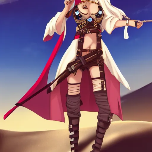 Image similar to a female pirate captain in the desert, anime art, trending on pixiv