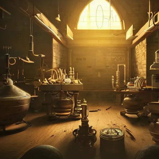 Image similar to inside a mysterious alchemist\'s laboratory, physically based octane render, trending on artstation