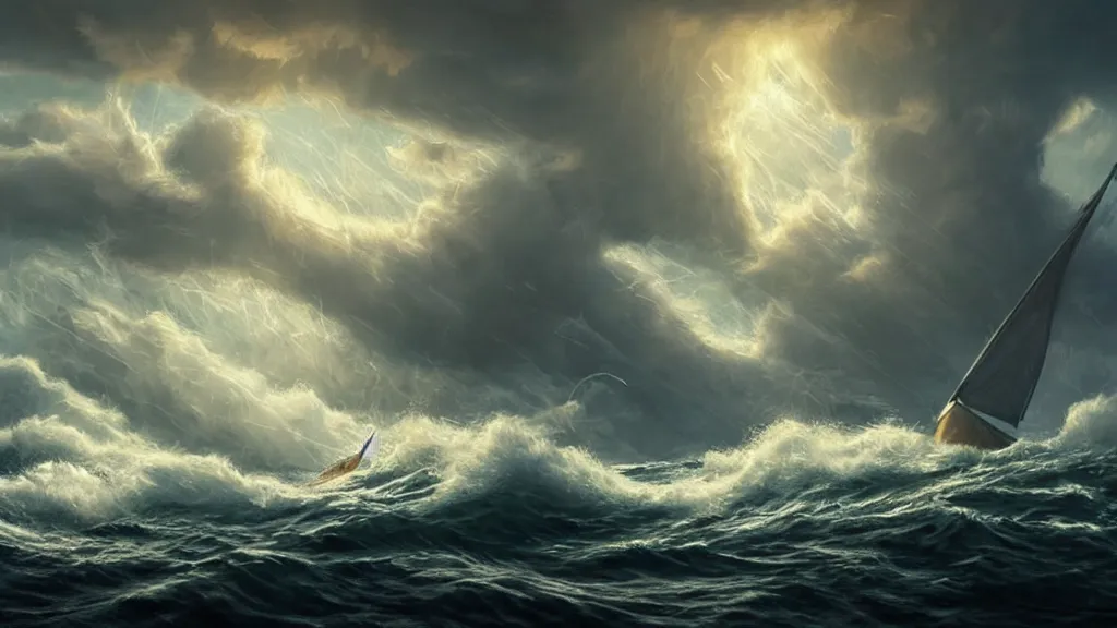 Image similar to a gigantic cat bursting out of a stormy sea attacking a small sail boat, wet fur, giant waves, sunbeams in background, intricate, detailed, volumetric lighting, sharp focus, scenery, photorealism, digital painting, highly detailed, concept art, by simon stalenhag and mark brooks