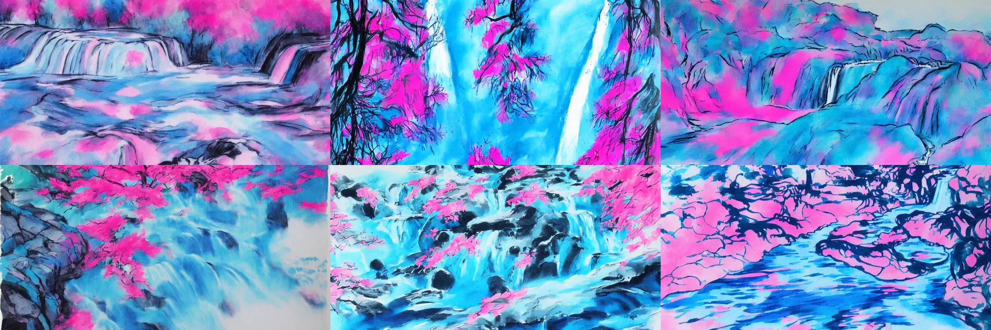 Prompt: an endless waterfall, blue and pink colour splash, painted with a thin brush, detailed sumi-e illustration