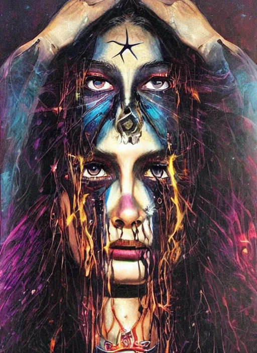 Image similar to tripping magic cult psychic woman, painted face, third eye, energetic consciousness psychedelic, epic surrealism expressionism symbolism, story telling, iconic, dark robed, oil painting, symmetrical face, dark myth mythos, by sandra chevrier, bruce pennington, masterpiece