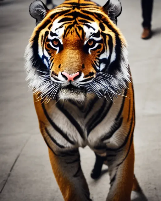 Image similar to high quality presentation photo of a tiger dressed in a dark suit and tie, photography 4k, f1.8 anamorphic, bokeh, 4k, 85mm lens