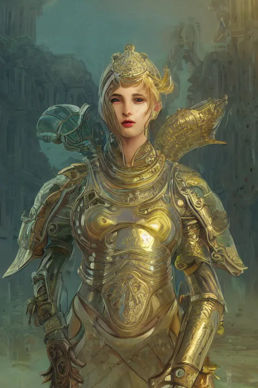 Image similar to portrait knights of Zodiac girl, metalic green and white reflected armor, in ruined Agora of Athens sunrise, ssci-fi, fantasy, intricate, very very beautiful, elegant, golden light, highly detailed, digital painting, artstation, concept art, smooth, sharp focus, illustration, art by tian zi and WLOP and alphonse mucha