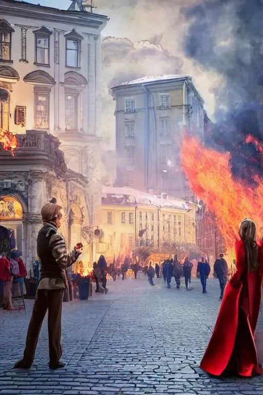 Image similar to in the foreground a street in Saint Petersburg, in the background a blonde woman from the back completely on fire wearing a long matrix-style jacket, realistic, high definition, many details, dramatic scene, detailed and realistic hands, symmetrical face, realistic eyes , art of D&D