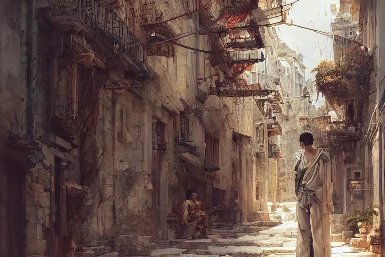 Prompt: handsome korean man looking at ancient renaissance athens street with intricate details, serene, face anatomy, by wlop, peter mohrbacher, jakub rebelka, visually stunning, beautiful, masterpiece